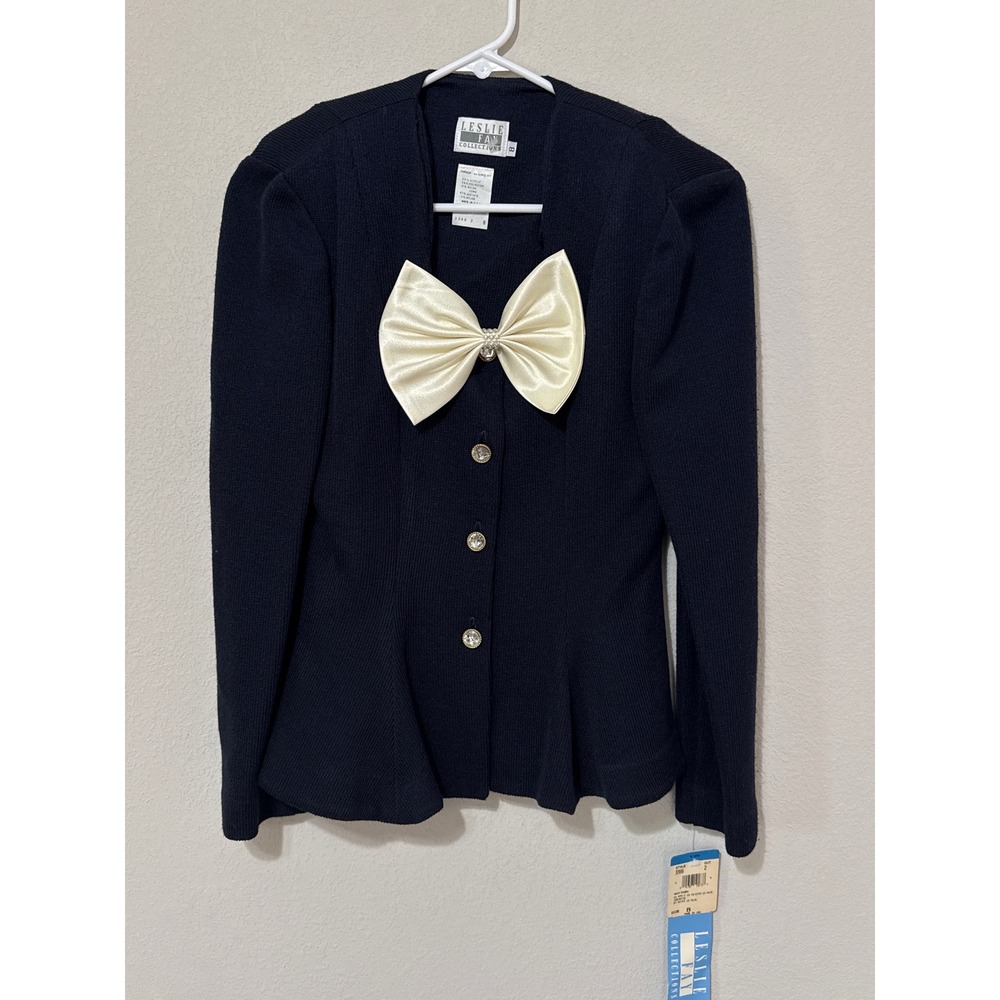 Vintage Leslie Fay Knit Cardigan Jacket Womens 8 Navy Ivory Bow Rhinestone NWT